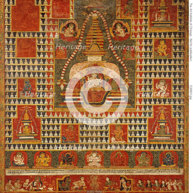 Painted Banner (paubha) of Goddess Ushnishavijaya Within a Funerary Mound...Chaityas, 1513. Creator: Unknown.