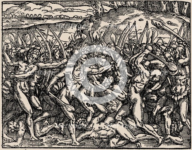 Brazil. As savages make war against each other... From Cosmografia universal by André Thevet, 1558. Creator: Bry, Theodor de (1528-1598).