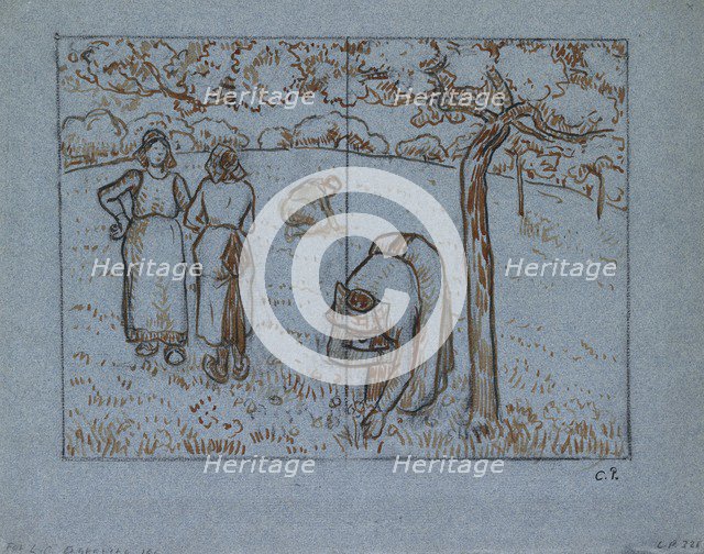 Compositional study of four female peasants working in an orchard ('Spring'), c1894. Artist: Camille Pissarro.
