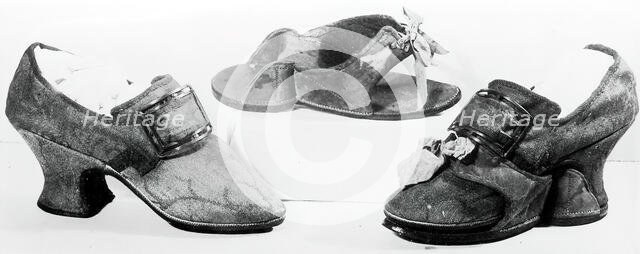 Pair of Shoes with Buckles and Pattens (Overshoes), England, c.1760s. Creator: Unknown.
