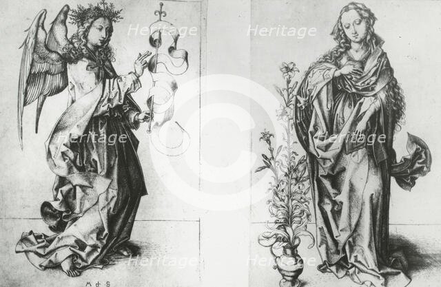 Reproduction of print showing: Madonna and Archangel Gabriel , between 1915 and 1925. Creator: Martin Schongauer.