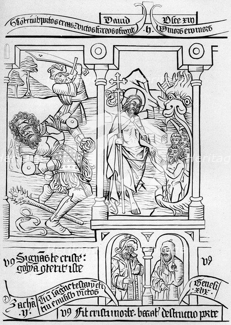 Fragment facsimile of page 28 of the Bible of the Poor, 1849.Artist: A Bisson