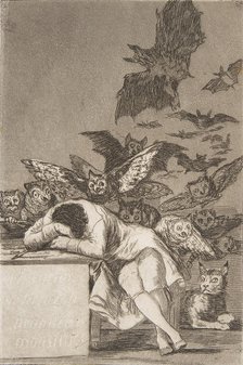 Plate 43 from 'Los Caprichos': The sleep of reason produces monsters (E..., 1799, published 1908-12. Creator: Francisco Goya.