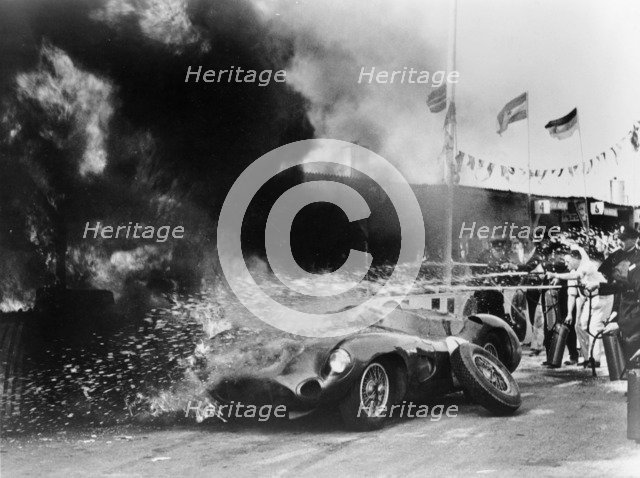Aston Martin DBR1 on fire, Goodwood, Sussex, 1959. Artist: Unknown