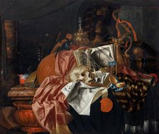 Vanitas still life with musical instruments, ceremonial vessels, books, an extinguished candle... Creator: Gijsbrechts, Franciscus (1649-after 1677).
