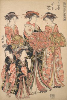 The Courtesan Wakakusa of the Chojiya Brothel, and Attendants Asano and Midori, from t..., ca. 1783. Creator: Torii Kiyonaga.