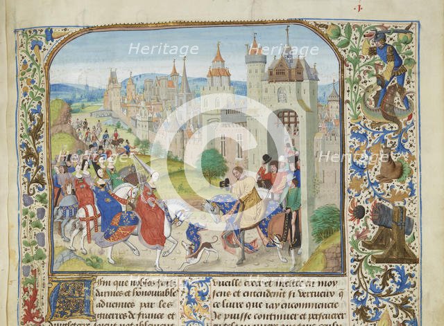 Isabella of France welcomed by her brother Charles IV to Paris, ca 1470-1475. Creator: Liédet, Loyset (1420-1479).