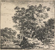 Eight landscapes. Plate 1: Two trees growing on a mound next to a pond, 1640-51. Creator: Herman Naiwincx.