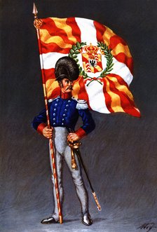 Flag bearer from the canton of Neuchatel, c. 1815. Color engraving from 1943, published by Editio…