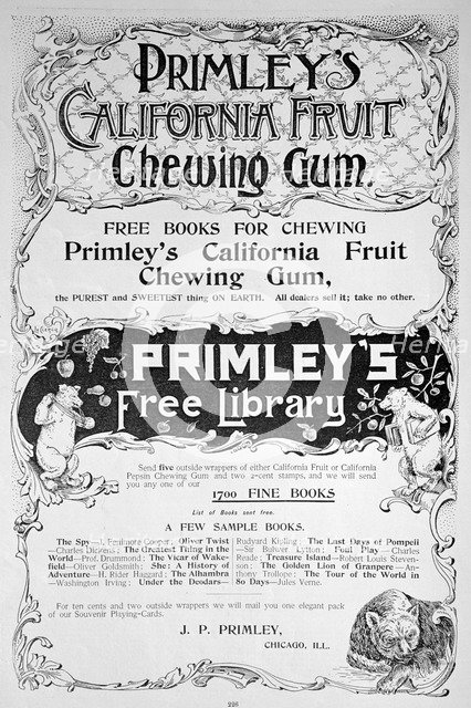 Advert for Primley's California Fruit chewing gum, 1894. Artist: Unknown