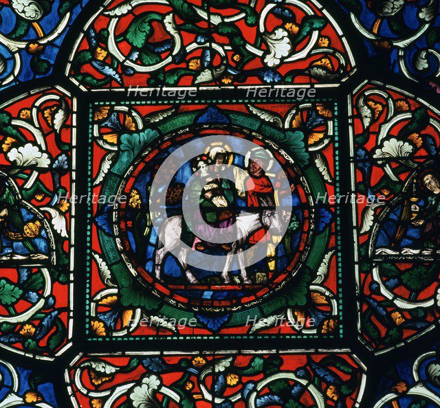 Stained glass depiction of the holy family fleeing to Egypt, 12th century. Artist: Unknown
