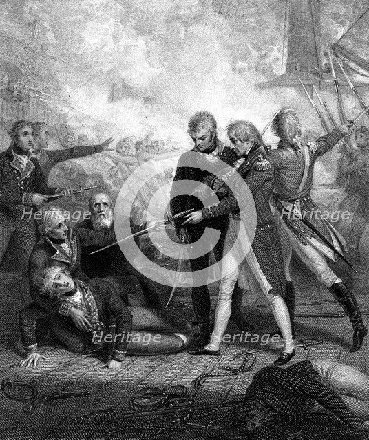 The 'San Nicolas' and 'San Josef', carried by boarding, Battle of Cape St Vincent, 1797.Artist: R Golding