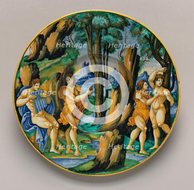 Plate with Apollo and Marsyas, c. 1525/1530. Creator: Unknown.