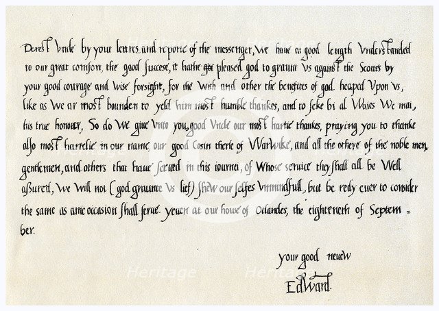Letter from Edward VI to his uncle, Edward Seymour, 18th September 1547.Artist: King Edward VI