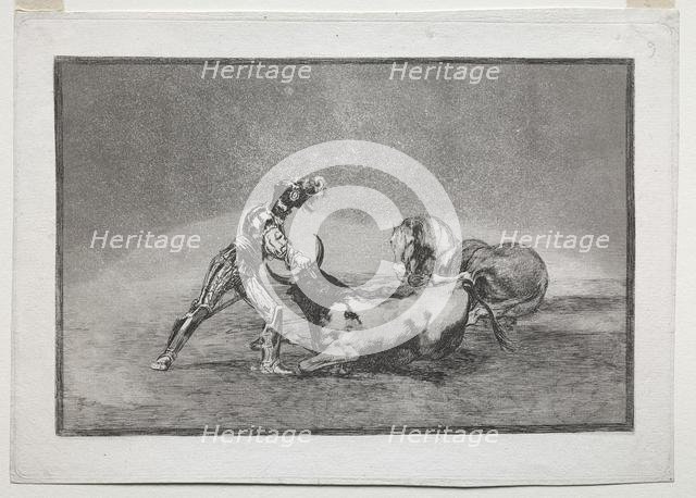 La Tauramaquia: A Spanish Knight Kills the Bull after Having Lost His Horse, 1815-1816. Creator: Francisco de Goya (Spanish, 1746-1828).