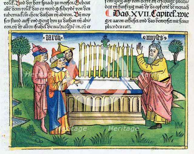 Numbers 17:1-11: Aaron's staff blooms on the altar. Artist: Unknown