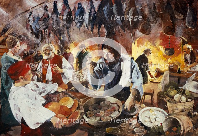 Tudor kitchen, July 1575, (c1990-2010). Artist: Ivan Lapper.