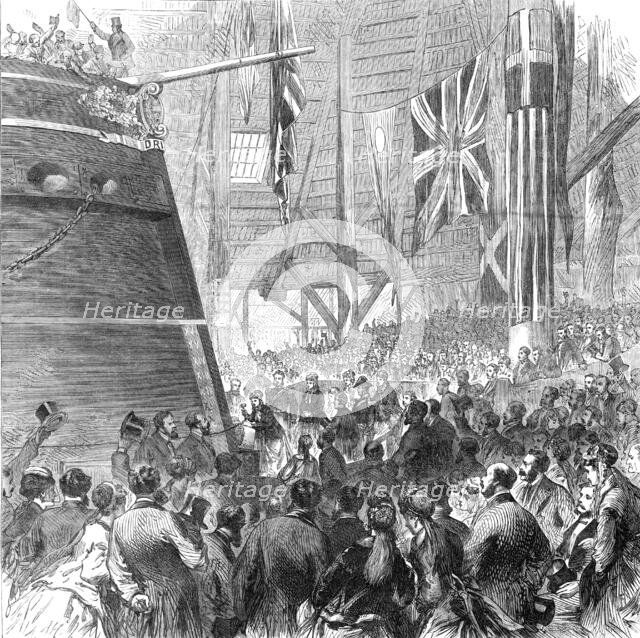 Launch of the screw-corvette Druid, Deptford Dockyard: Princess Louise releasing the dog-shore, 1869 Creator: Unknown.