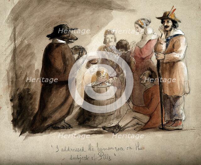 A bear wearing a hat and a cloak, selling pills to a group of country folk in Leipzig. Creator: John Frederick Tayler.