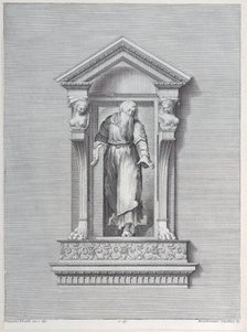 A standing man in a niche reaching forward with one arm, 1756. Creators: Bartolomeo Crivellari, Gabriel Söderling.
