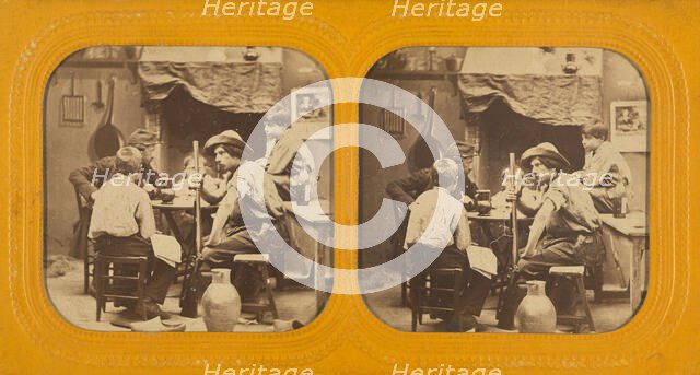 Men and boys at a table, one man holding a gun, 1855-1860. Creator: Unknown.