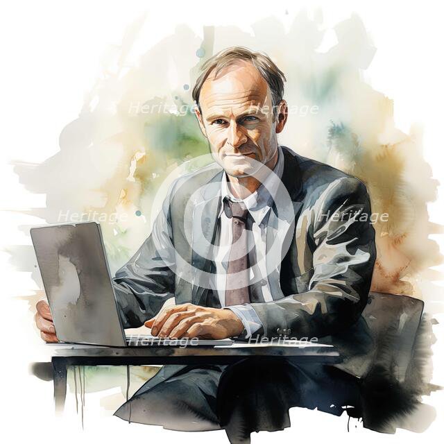 AI IMAGE - Portrait of Tim Berners-Lee sitting with a laptop, 2010s, (2023).  Creator: Heritage Images.