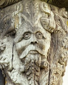 Carved head on the 17th century gatehouse corner post, Stokesay Castle, Shropshire, c2000s(?). Artist: Unknown.