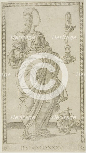 Prudence, plate 35 from Genii and Virtues, c.1465. Creator: Unknown.