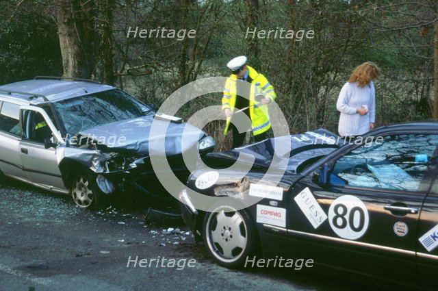 Head on Collision on country road. Artist: Unknown.