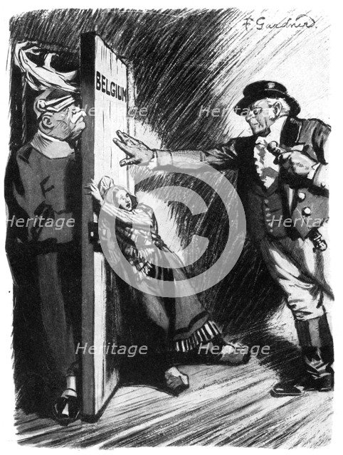 'Stand Back!', John Bull helps little Belgium to bar the German invader, First World War, 1914. Artist: Unknown