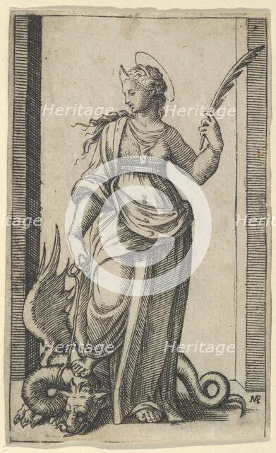 Saint Margaret standing, a dragon at the left, from the series 'Piccoli Santi' (S..., ca. 1500-1527. Creator: Marcantonio Raimondi.