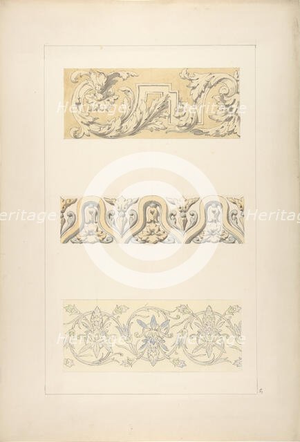 Three designs for decorative borders, 1830-97. Creators: Jules-Edmond-Charles Lachaise, Eugène-Pierre Gourdet.
