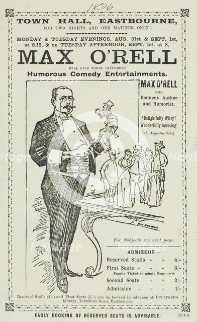 Max O'Rell will give Three Different Humorous Comedy Entertainments, 1896.  Creator: Unknown.