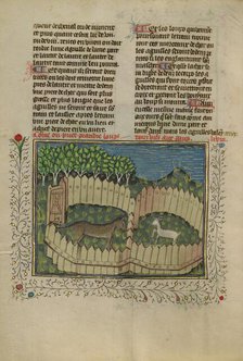 A Wolf Caught in a Fenced Trap Baited with a Lamb; Livre de la Chasse, about 1430-1440. Creator: Unknown.