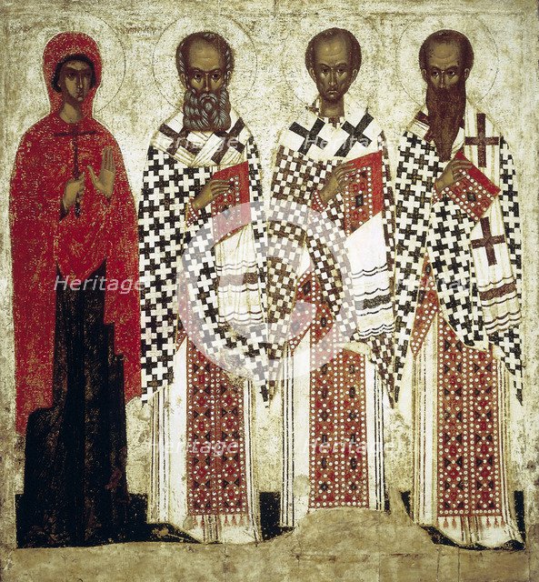 Paraskeva Pyatnitsa, Gregory the Theologian, John Chrysostom and Basil the Great, early 15th century Creator: Russian icon.