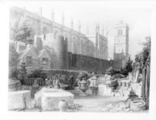 Stonemasons at work in front of the chapel at New College, Oxford, Oxfordshire. Artist: Unknown