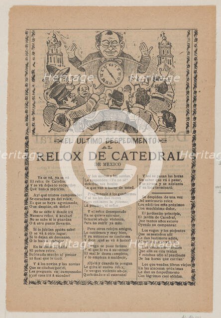 Broadsheet relating to the new clock installed in the cathedral in Mexico City in June 190..., 1905. Creator: José Guadalupe Posada.