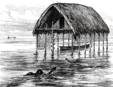 Lieutenant Cameron's Sketches in Central Africa: a lake dwelling on Lake Moheya, 1876. Creator: Unknown.