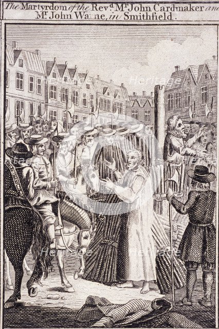 The execution of John Cardmaker and John Warne at Smithfield, 1555, (c1720). Artist: Anon