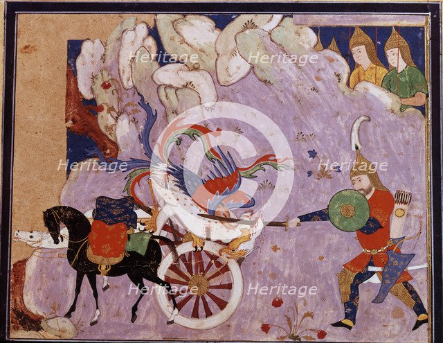 Esfandiyar murders Simurgh (Manuscript illumination from the epic Shahname by Ferdowsi), 16th centur