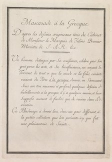 Mascarade à la Grecque: Title Page (Plate 1), 1771. Creator: Benigno Bossi (Italian, 1727-1792).