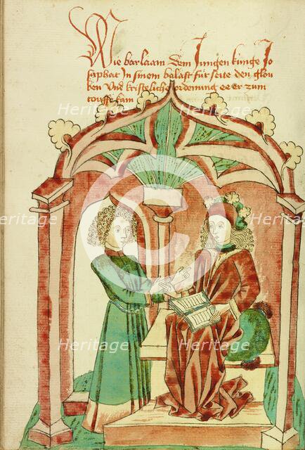 Barlaam Instructing Josaphat in the True Faith; Barlaam und Josaphat, 1469. Creators: Hans Schilling, Diebolt Lauber.