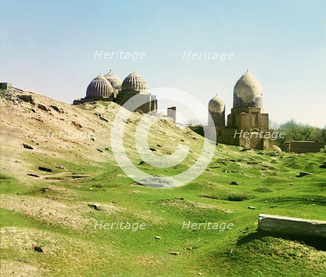 General view of Shakh-i Zindeh mosque, from the northwest, Samarkand, between 1905 and 1915. Creator: Sergey Mikhaylovich Prokudin-Gorsky.