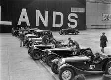Cars on the start line at the MCC Members Meeting, Brooklands, 10 September 1938. Artist: Bill Brunell.