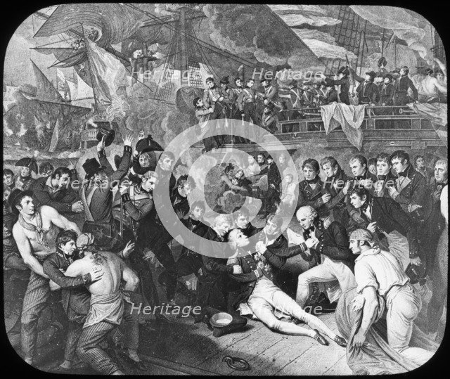 Admiral Lord Nelson wounded at the Battle of Trafalgar, 1805. Artist: Newton & Co