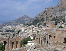 Greek theatre and town, Taormina, Sicily, Italy. 
