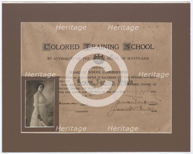 Diploma issued to Regina Egertion Wright by the Colored Training School, June 25, 1918. Creator: Unknown.