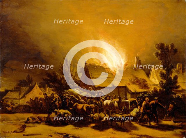 Peasants Fleeing a Burning Barn, c1655. Creator: Egbert van der Poel.