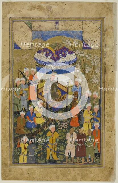 Chained Prisoners are Brought Before a King, a scene from the Gulistan of Sa'di, c. 1550. Creator: Unknown.