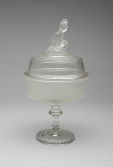 Westward Ho!/Pioneer pattern covered compote on pedestal, c. 1876. Creator: Gillinder & Sons.